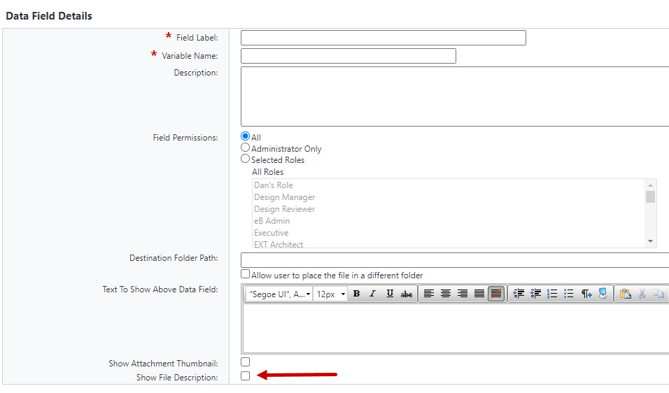 Show File Description check box on Data Field Details page